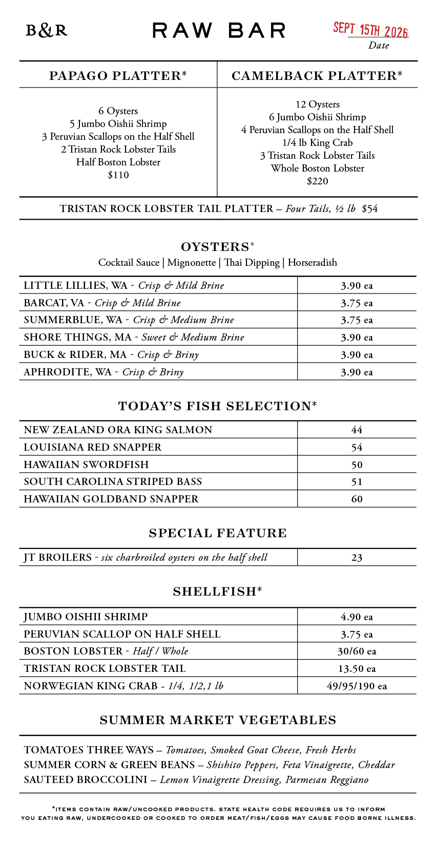 Raw Bar Menu