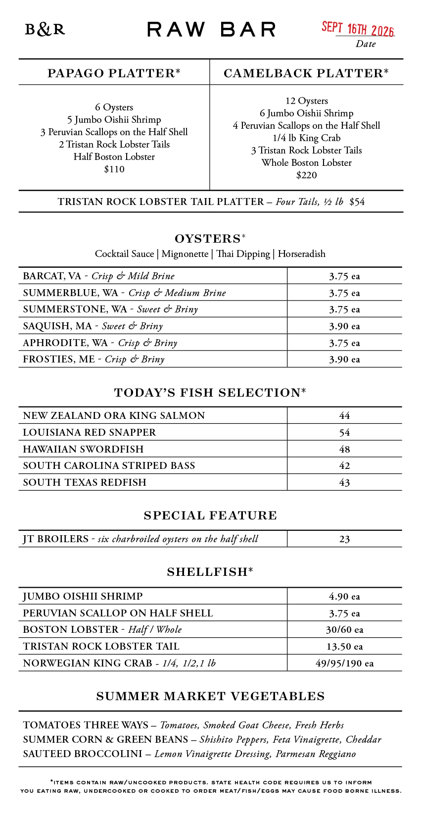 Raw Bar Menu