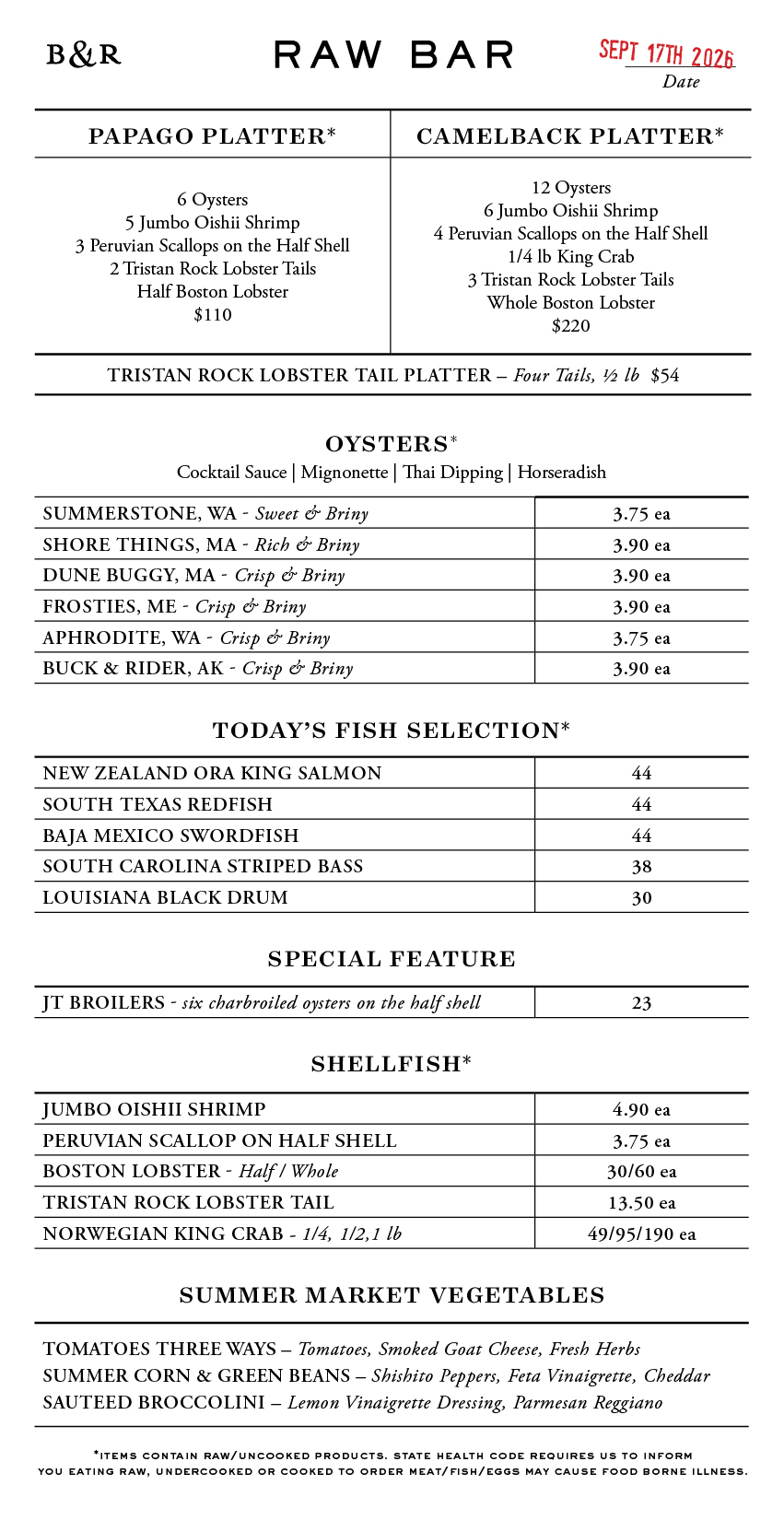 Raw Bar Menu