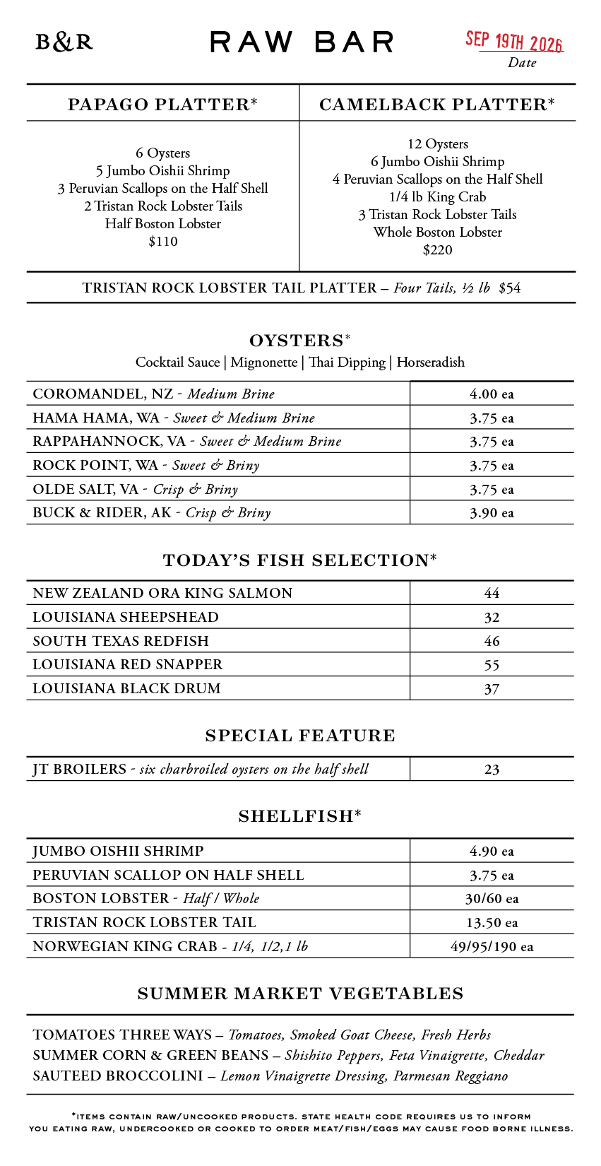 Raw Bar Menu