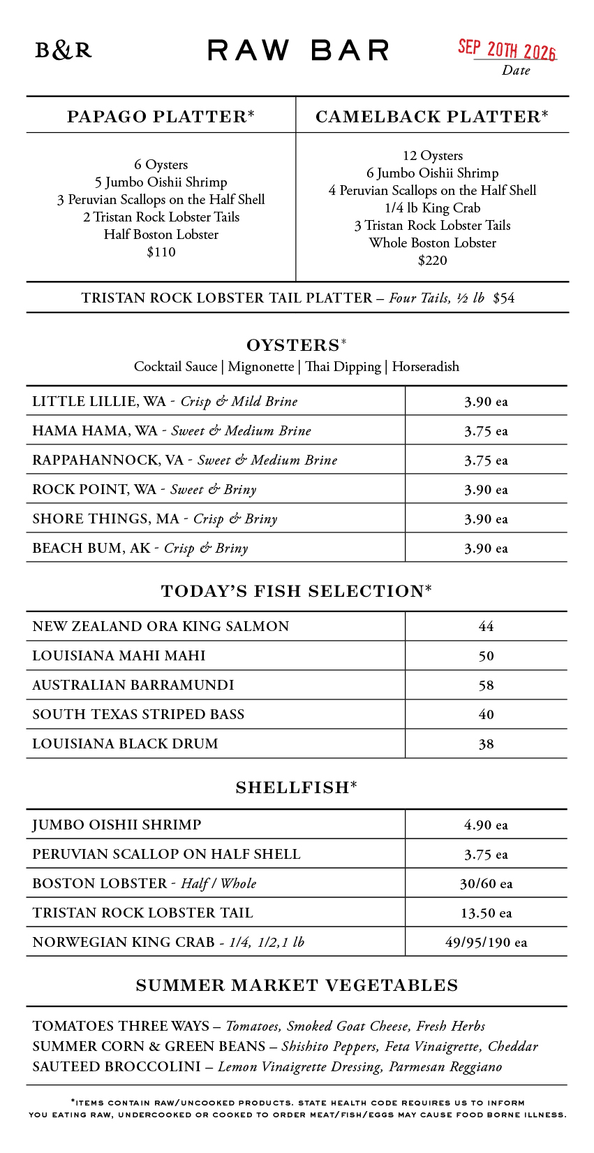 Raw Bar Menu