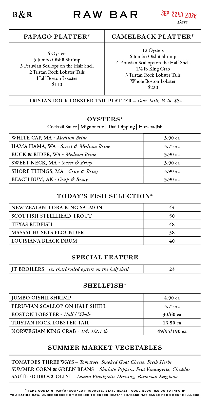 Raw Bar Menu