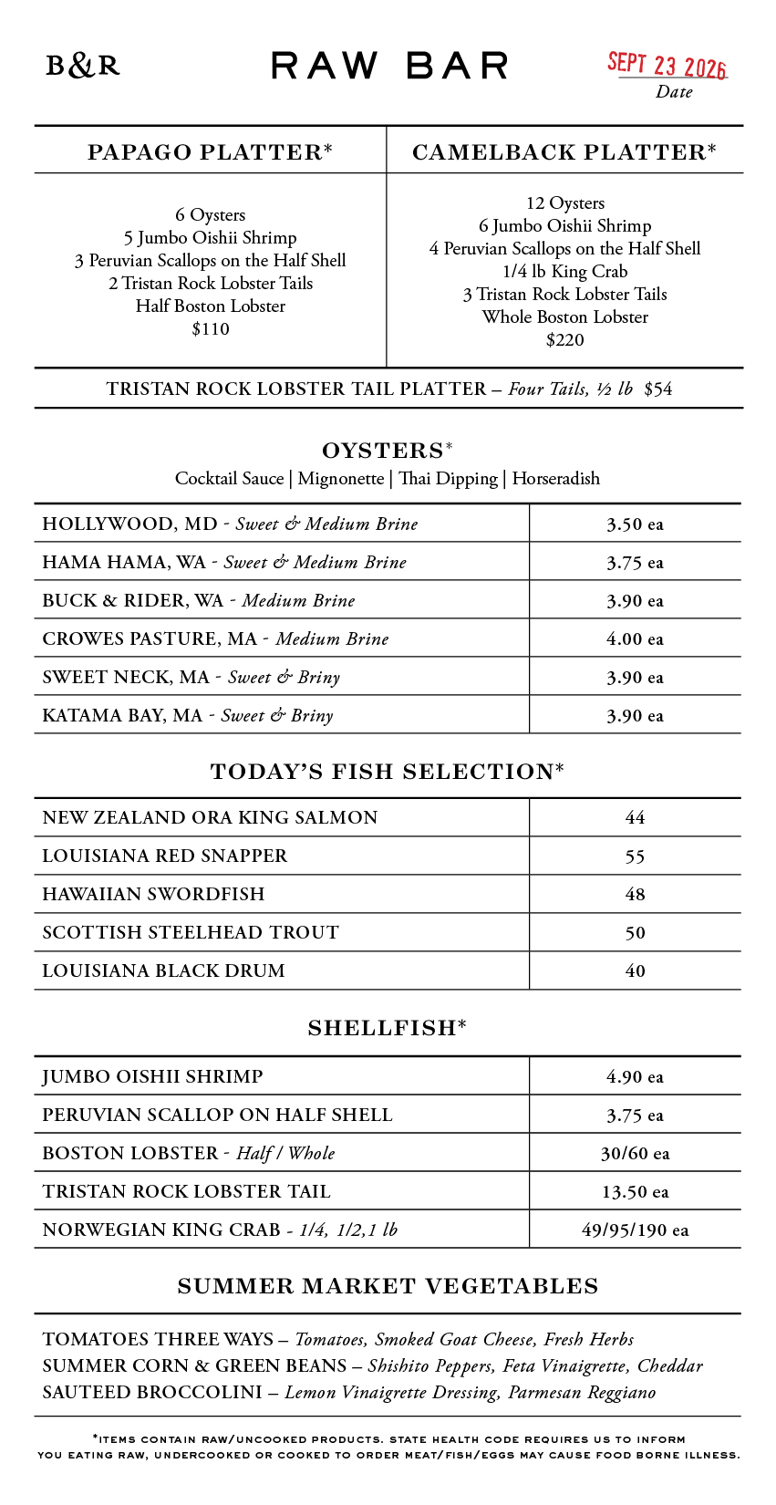 Raw Bar Menu
