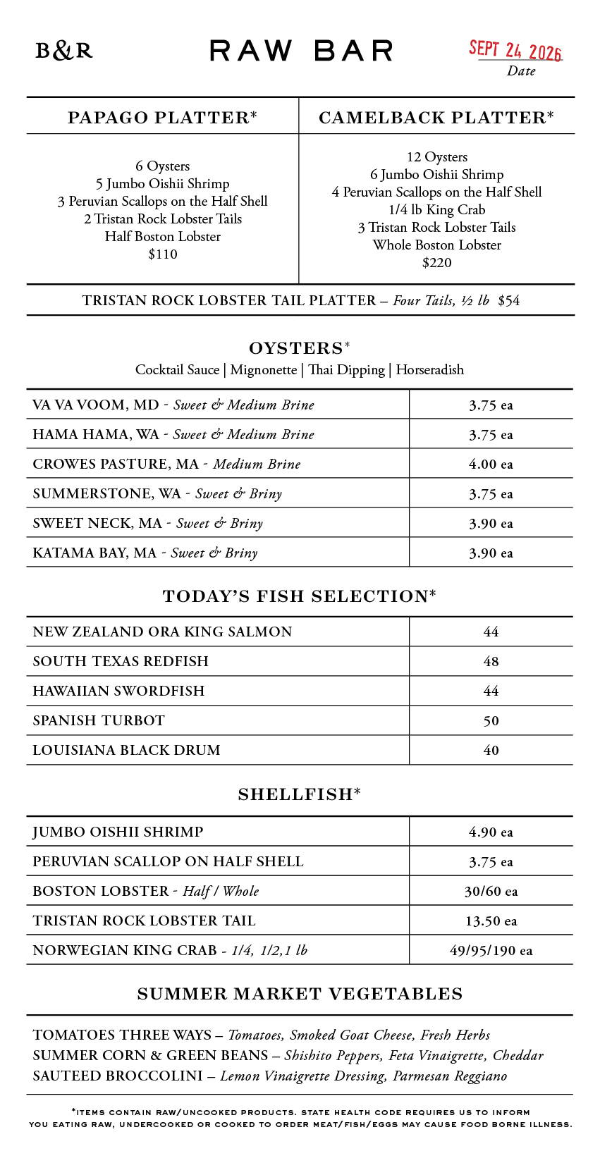 Raw Bar Menu