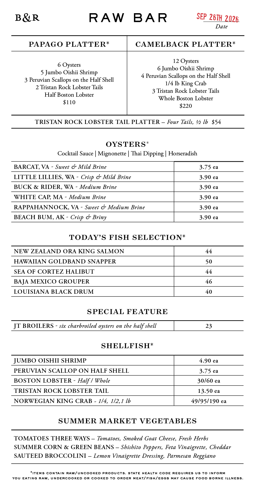 Raw Bar Menu
