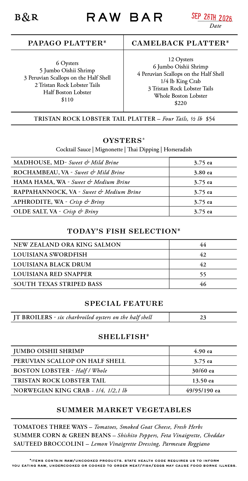 Raw Bar Menu