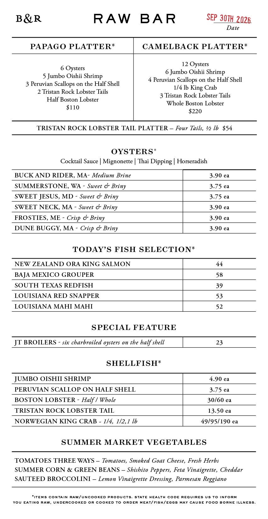 Raw Bar Menu