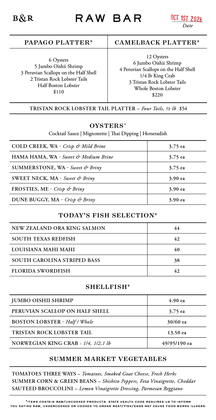Raw Bar Menu