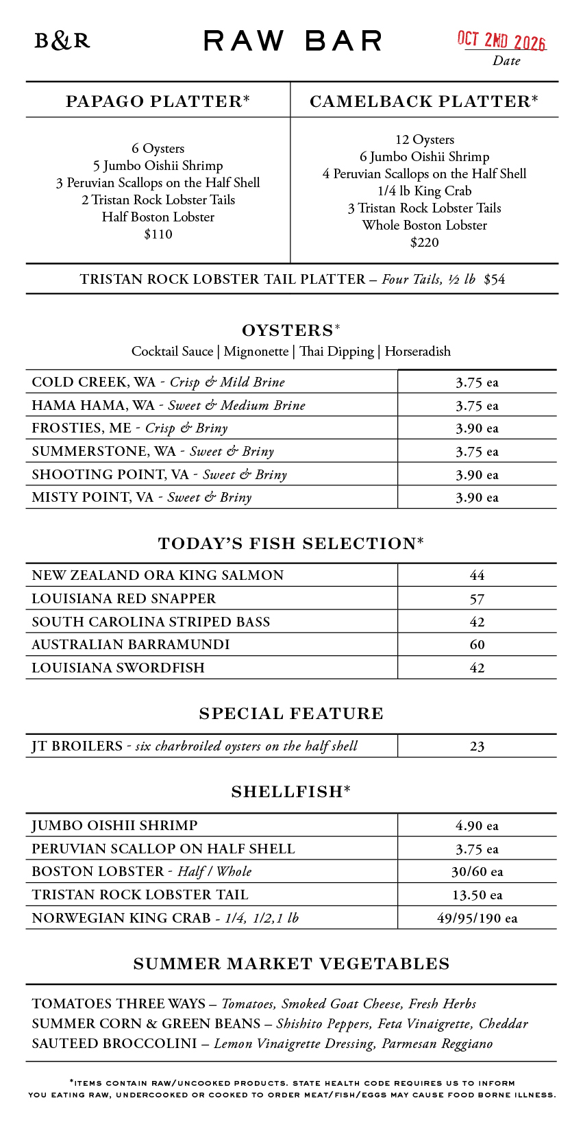 Raw Bar Menu