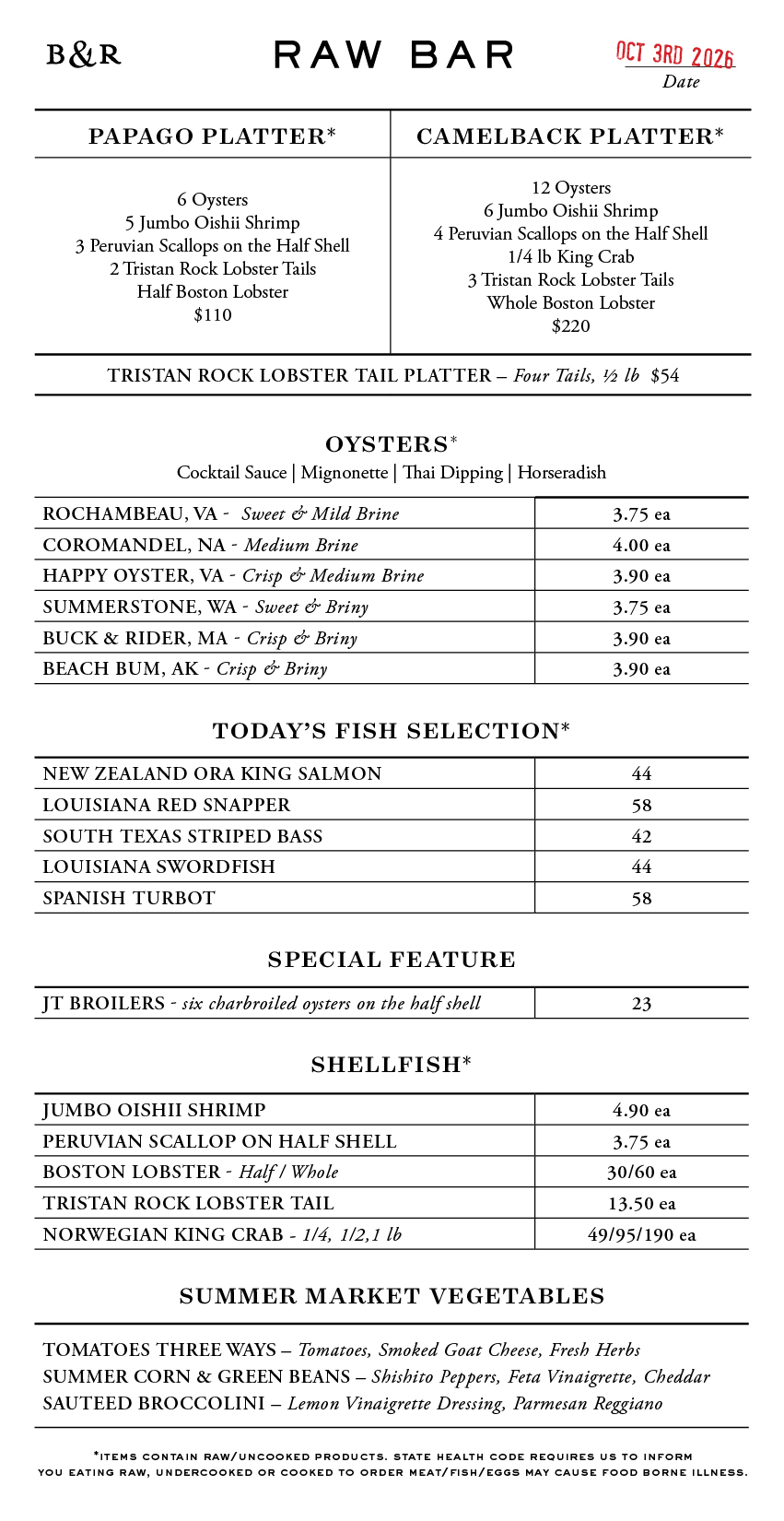 Raw Bar Menu