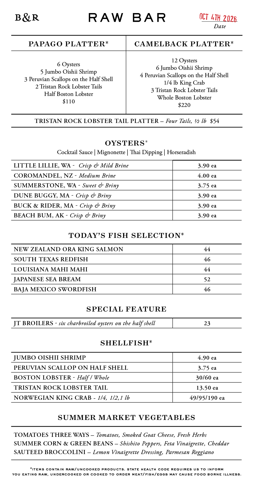 Raw Bar Menu