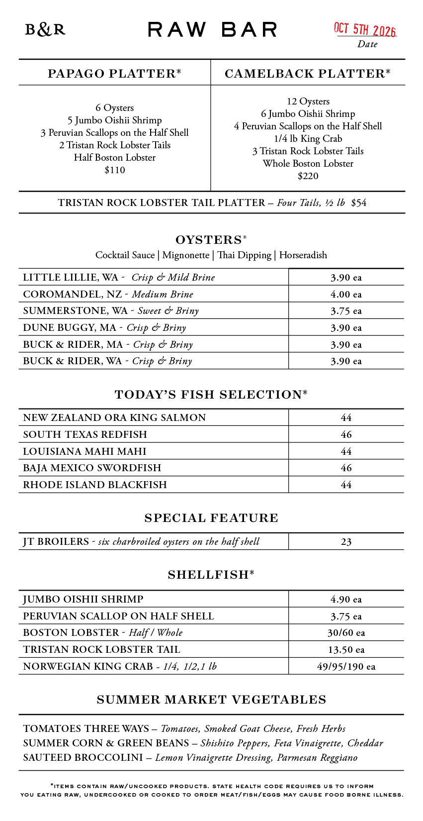 Raw Bar Menu