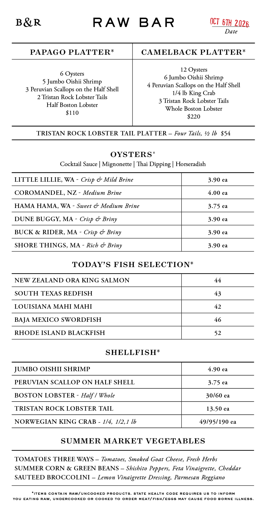 Raw Bar Menu