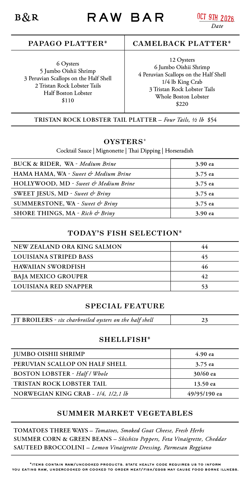 Raw Bar Menu