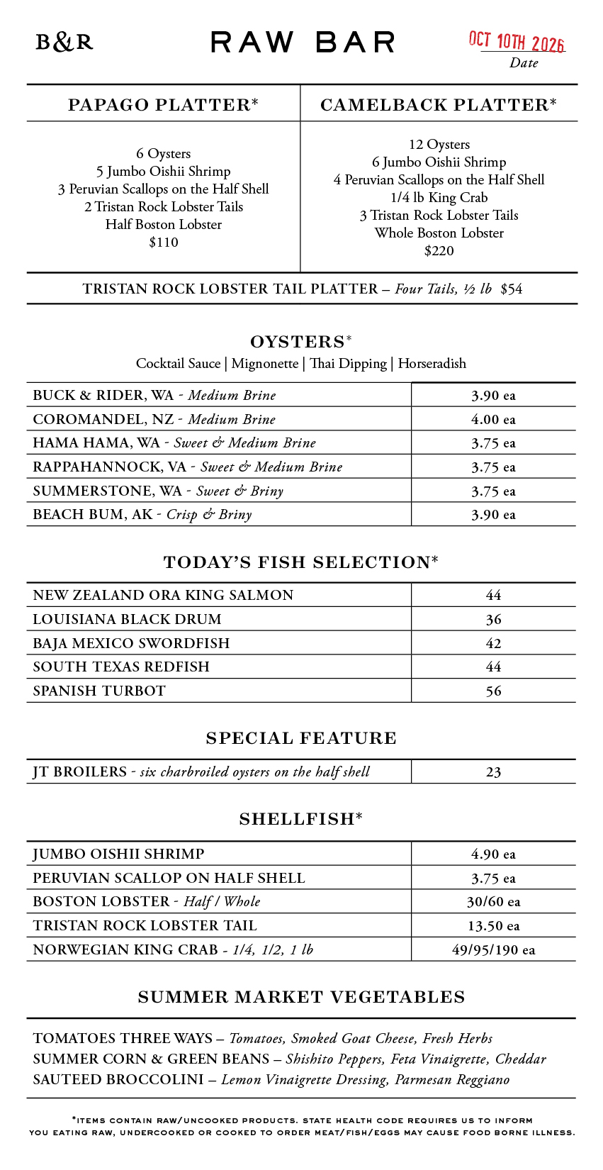 Raw Bar Menu
