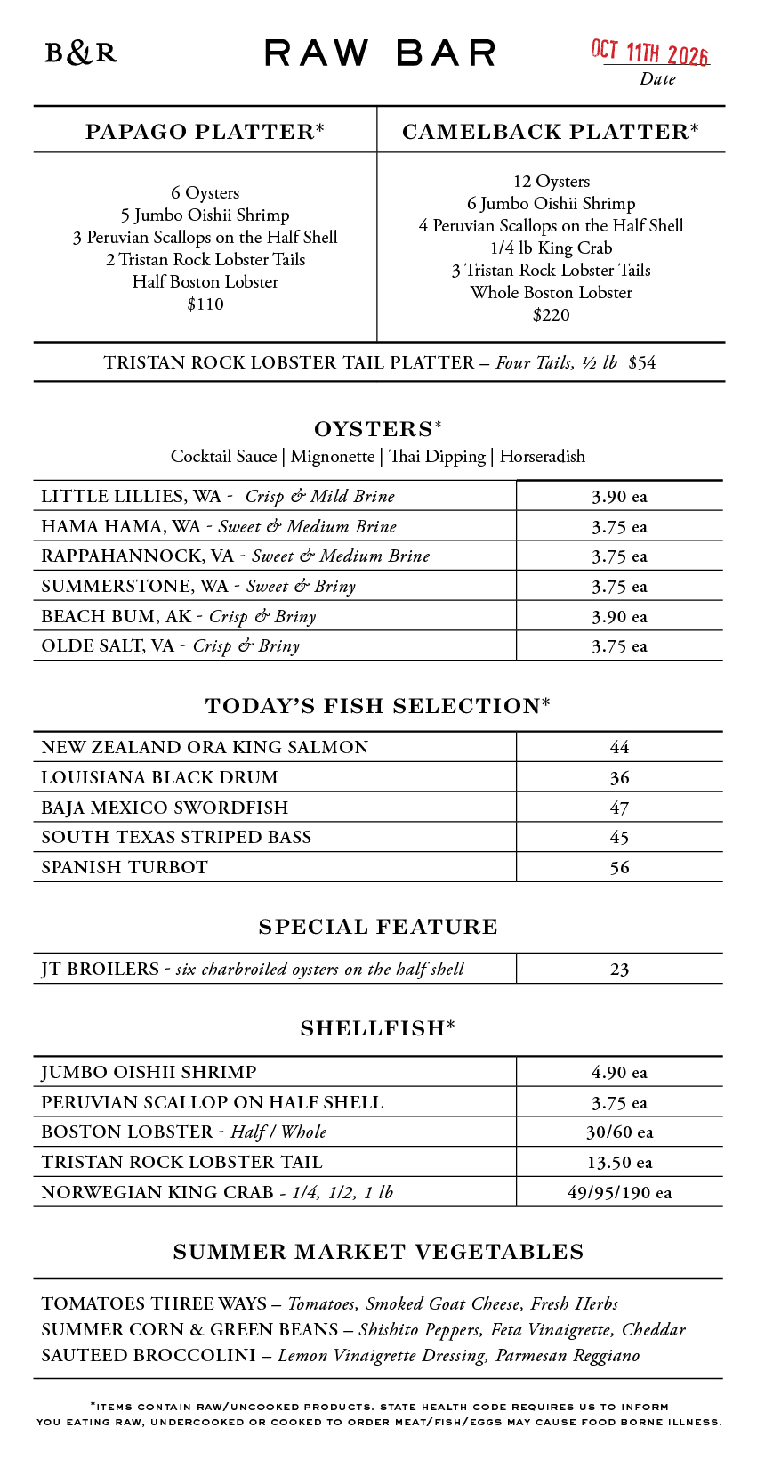 Raw Bar Menu