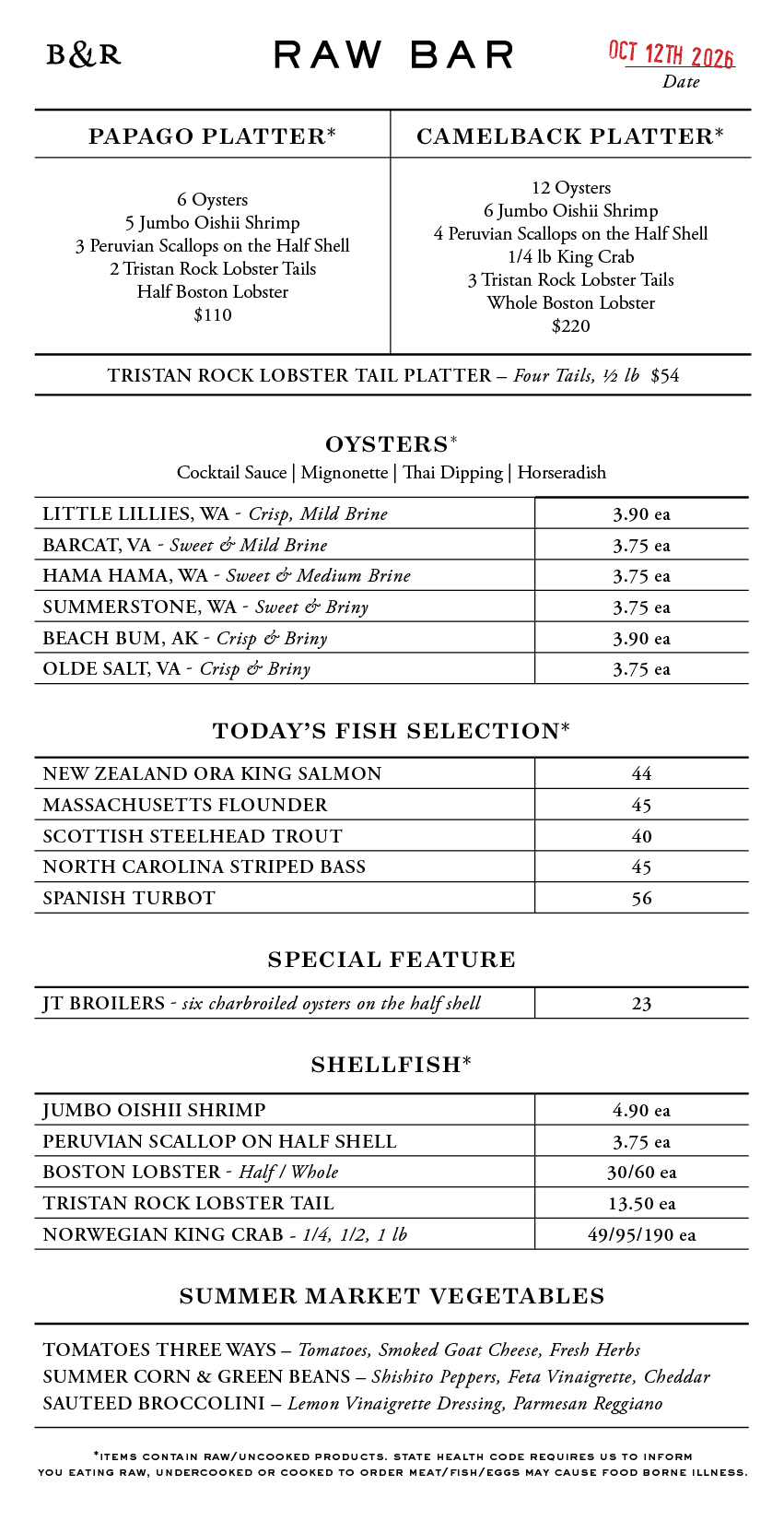 Raw Bar Menu