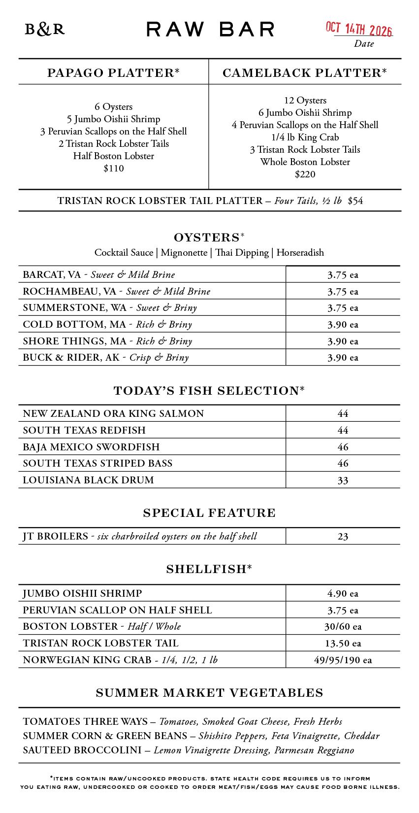 Raw Bar Menu