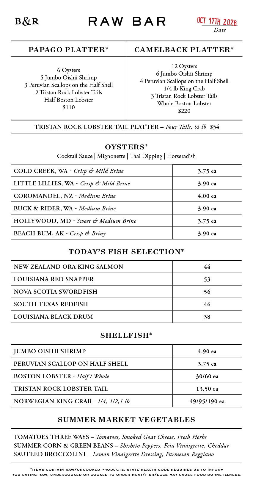 Raw Bar Menu