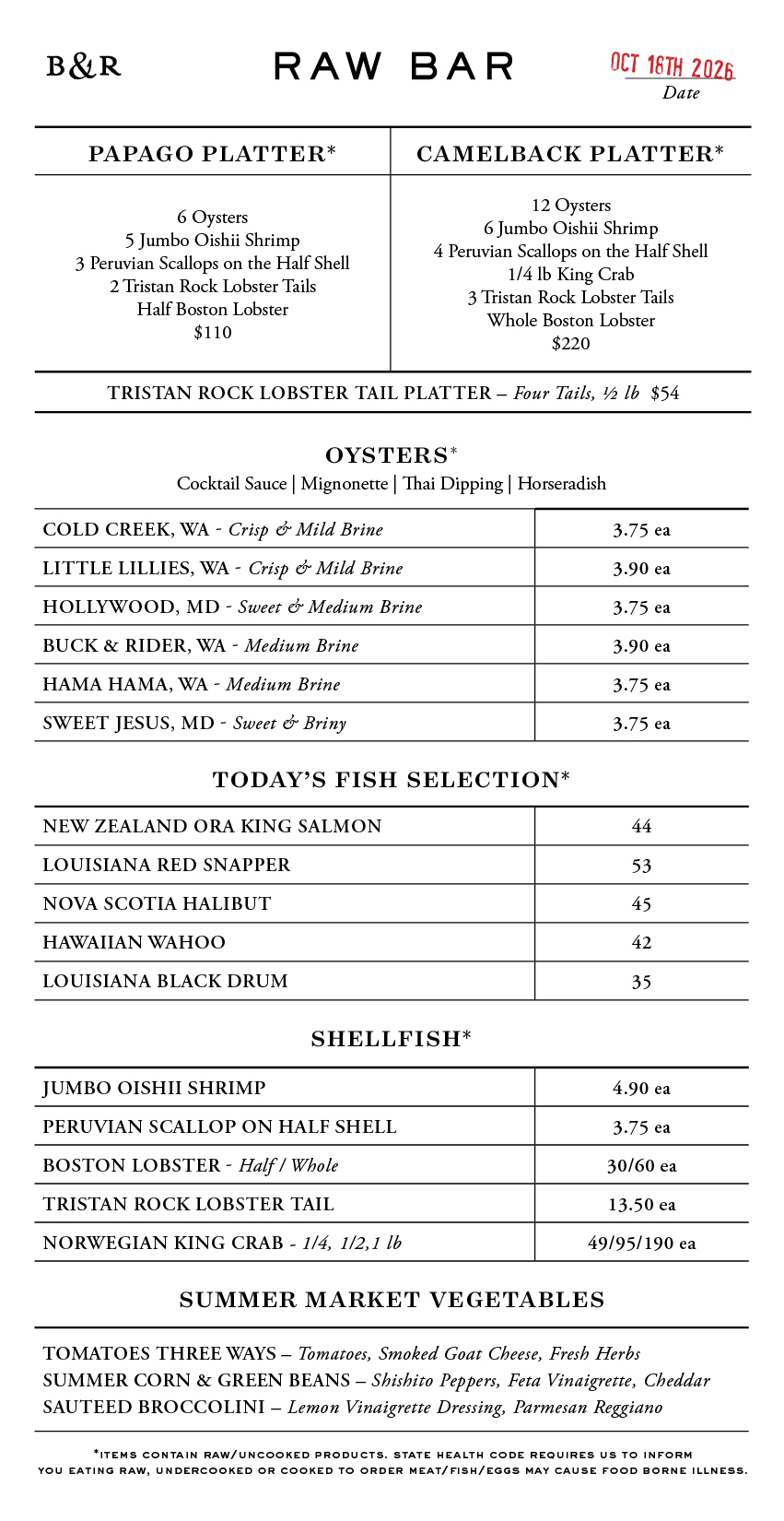 Raw Bar Menu