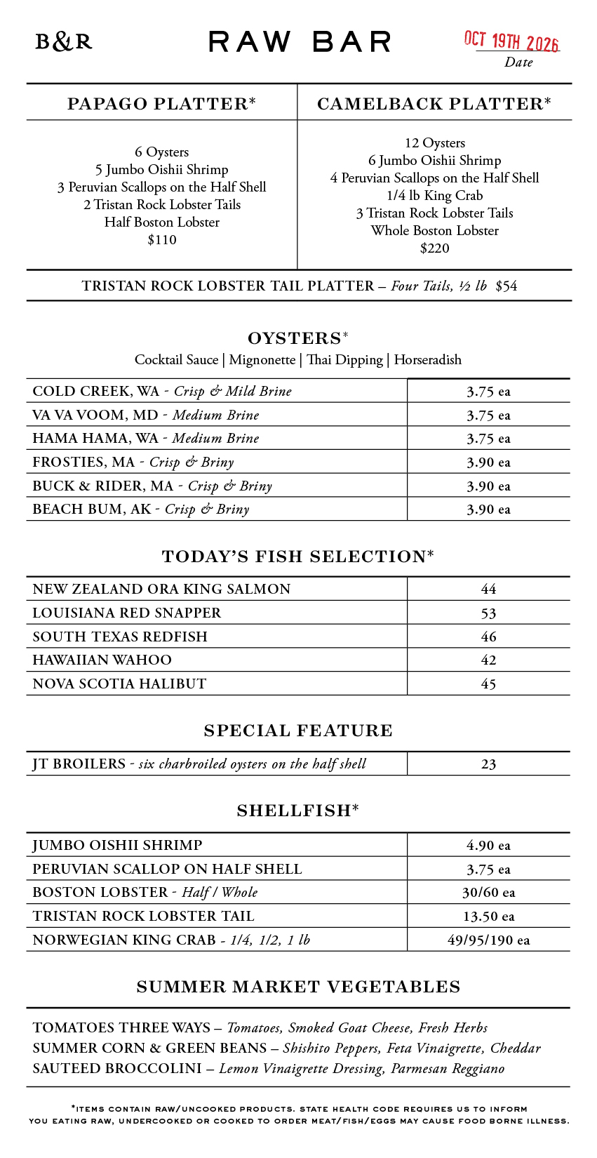 Raw Bar Menu