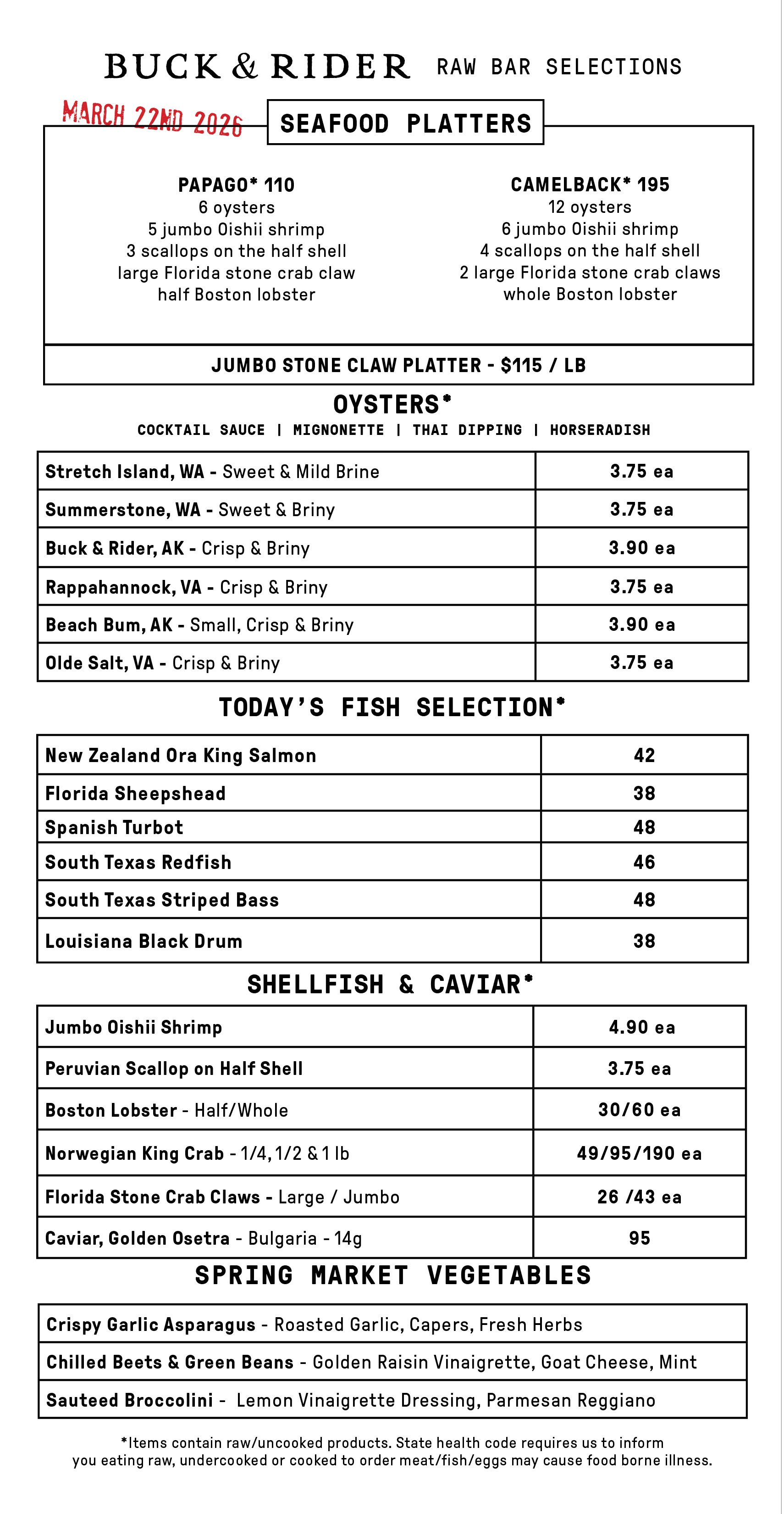 Raw Bar Menu