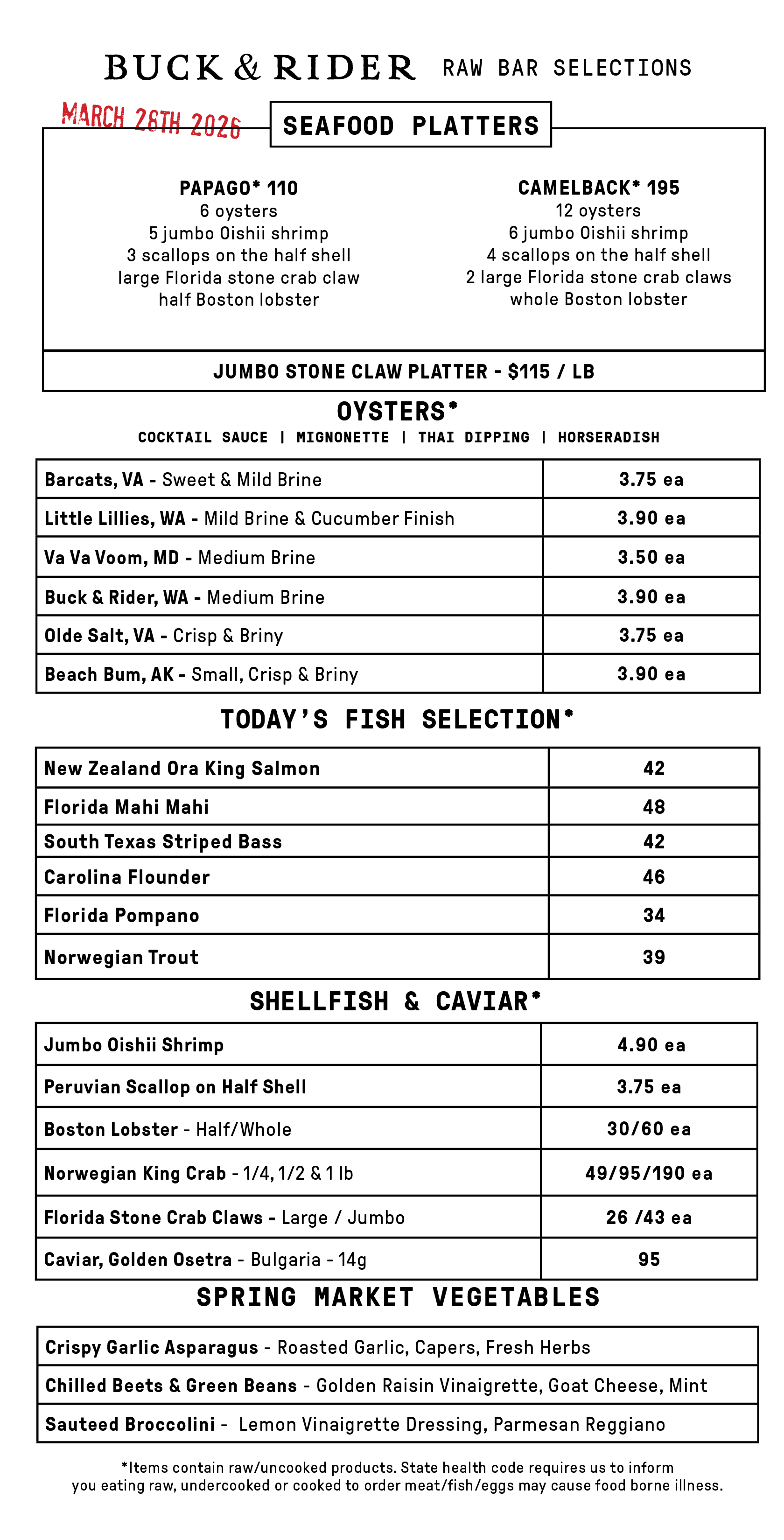 Raw Bar Menu