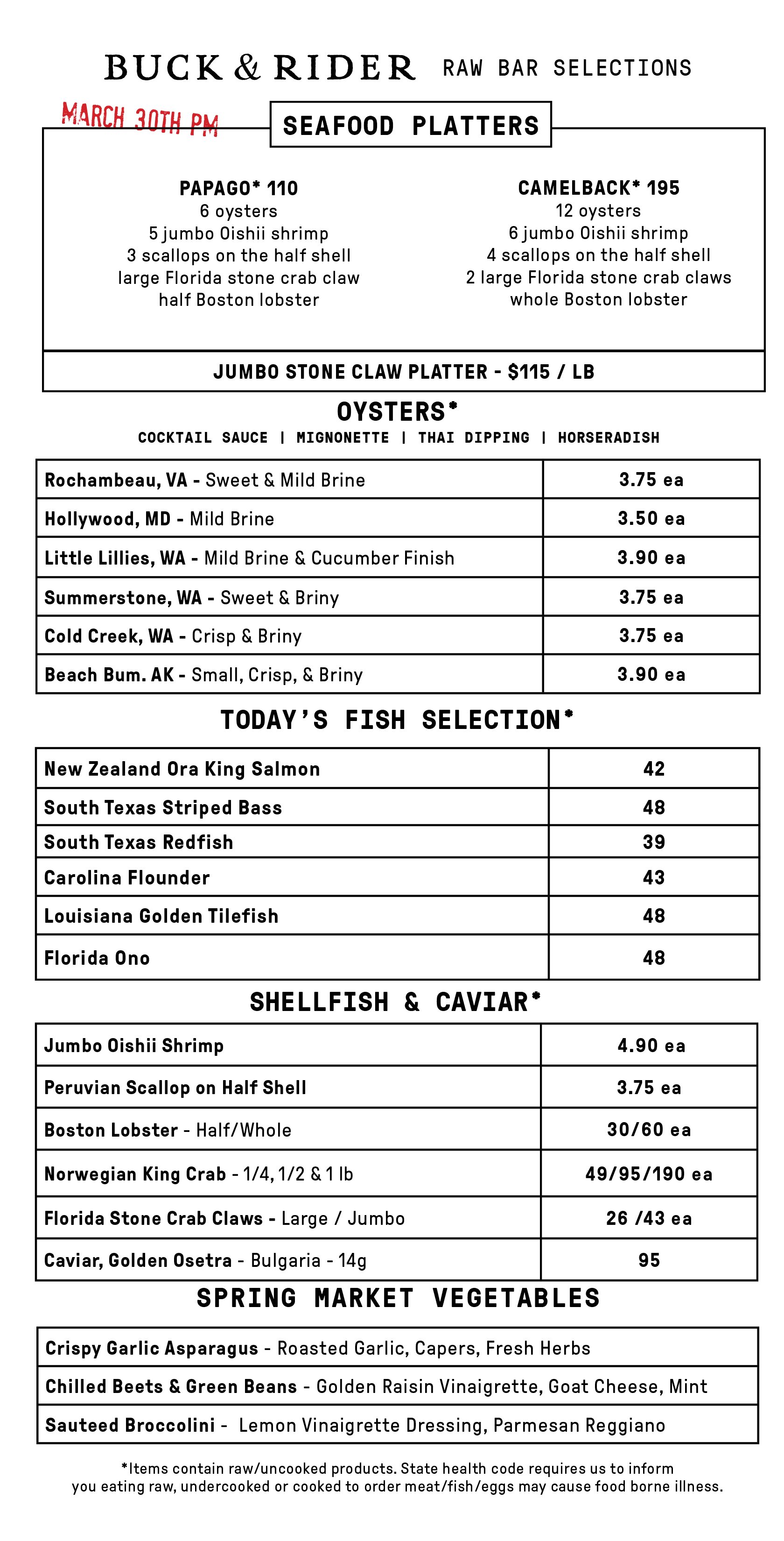 Raw Bar Menu