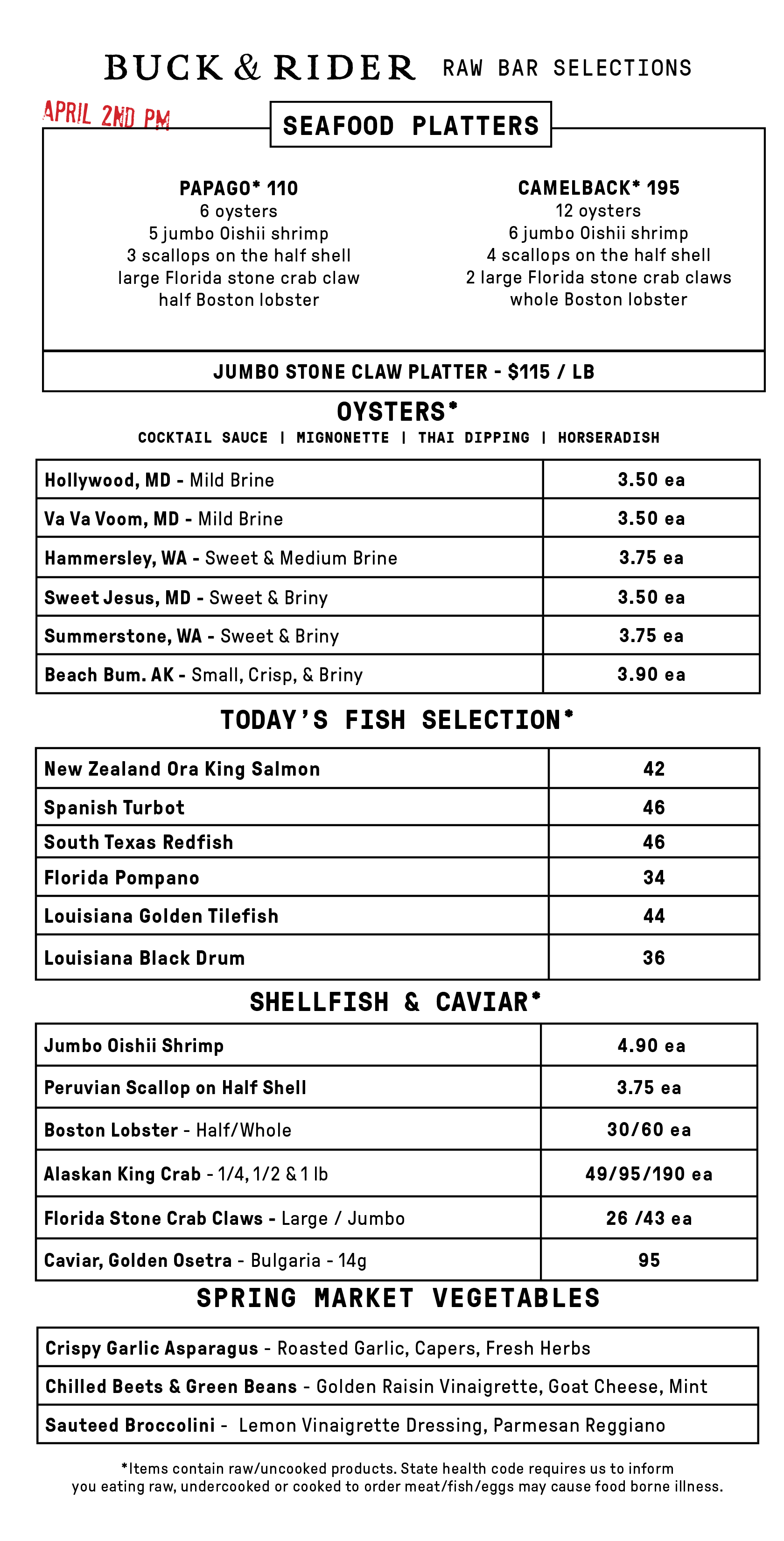 Raw Bar Menu