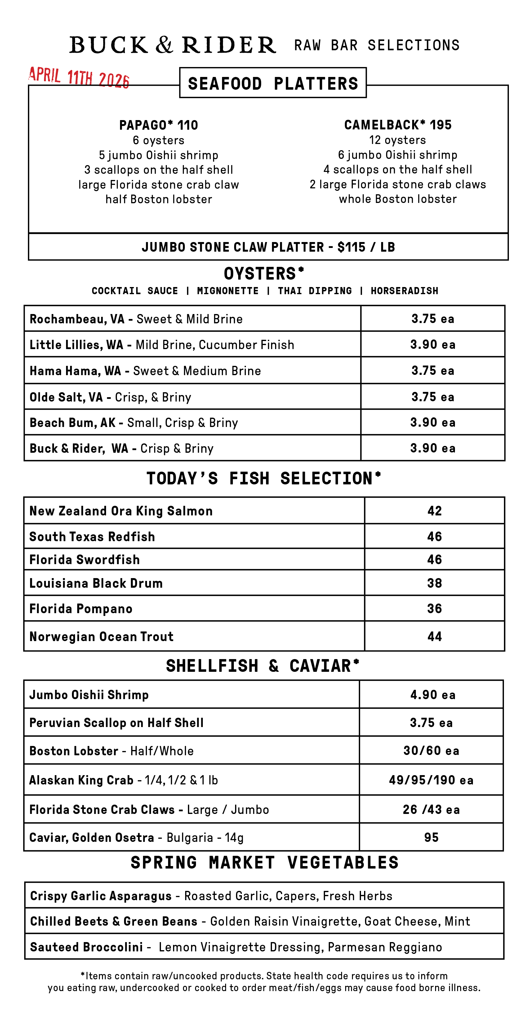 Raw Bar Menu
