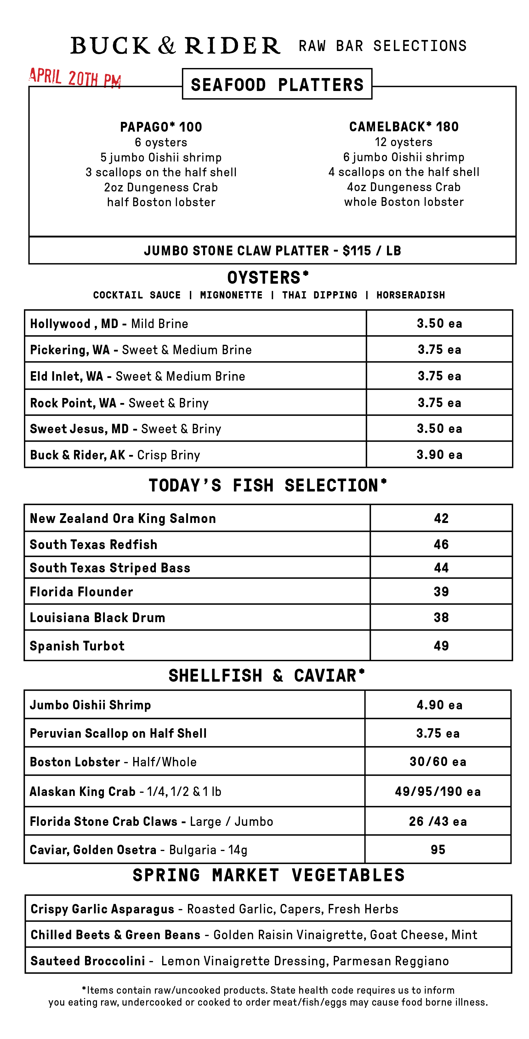 Raw Bar Menu