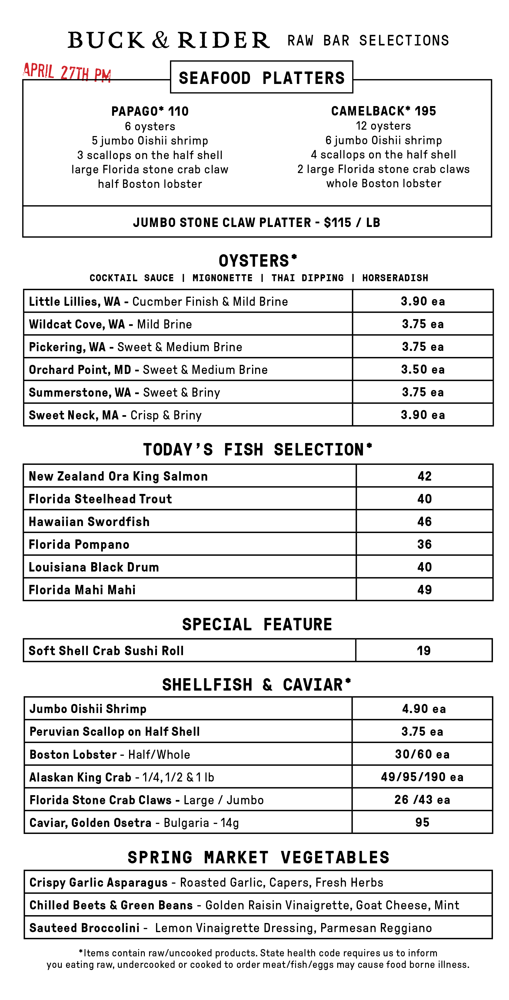 Raw Bar Menu