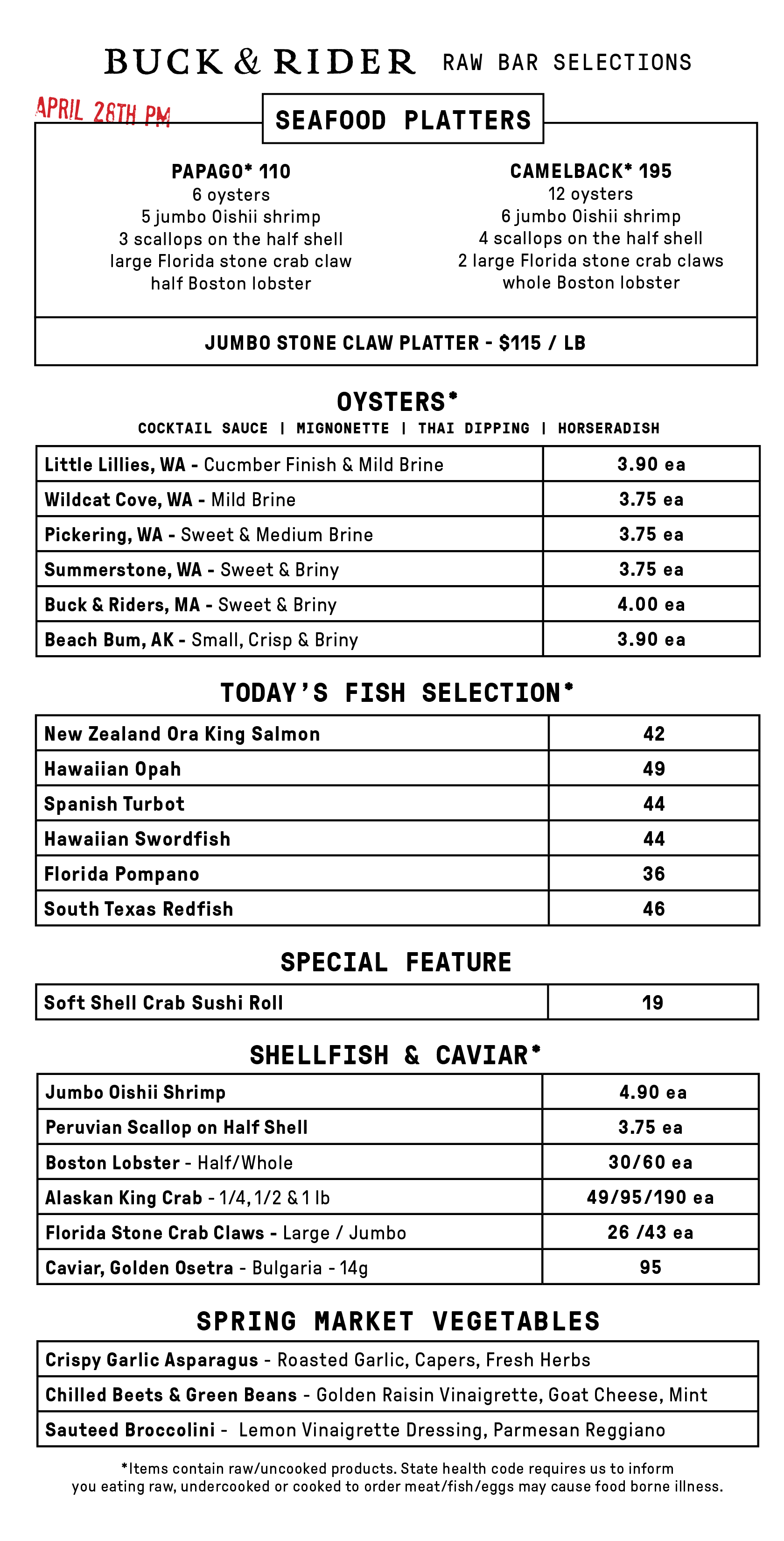 Raw Bar Menu