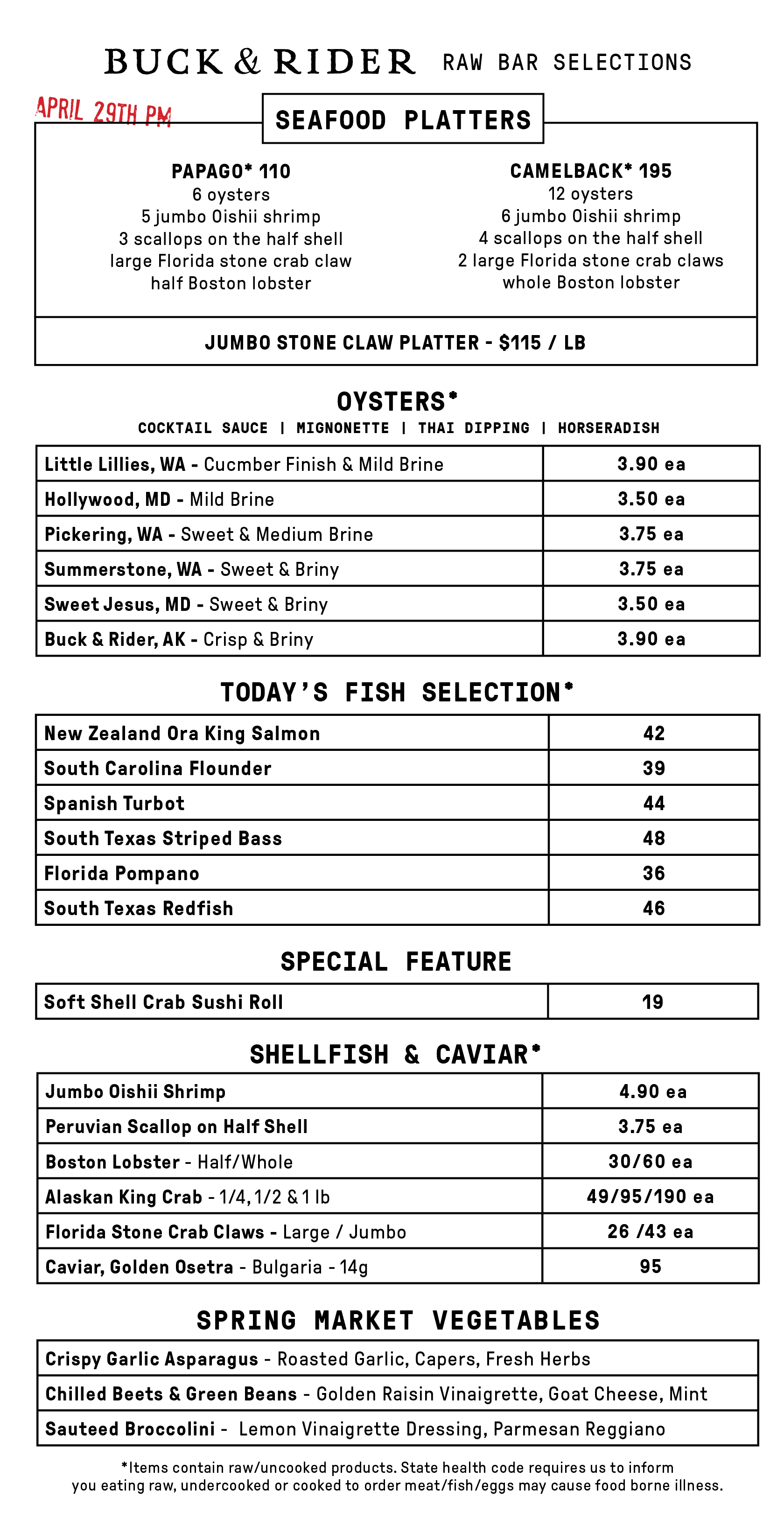 Raw Bar Menu