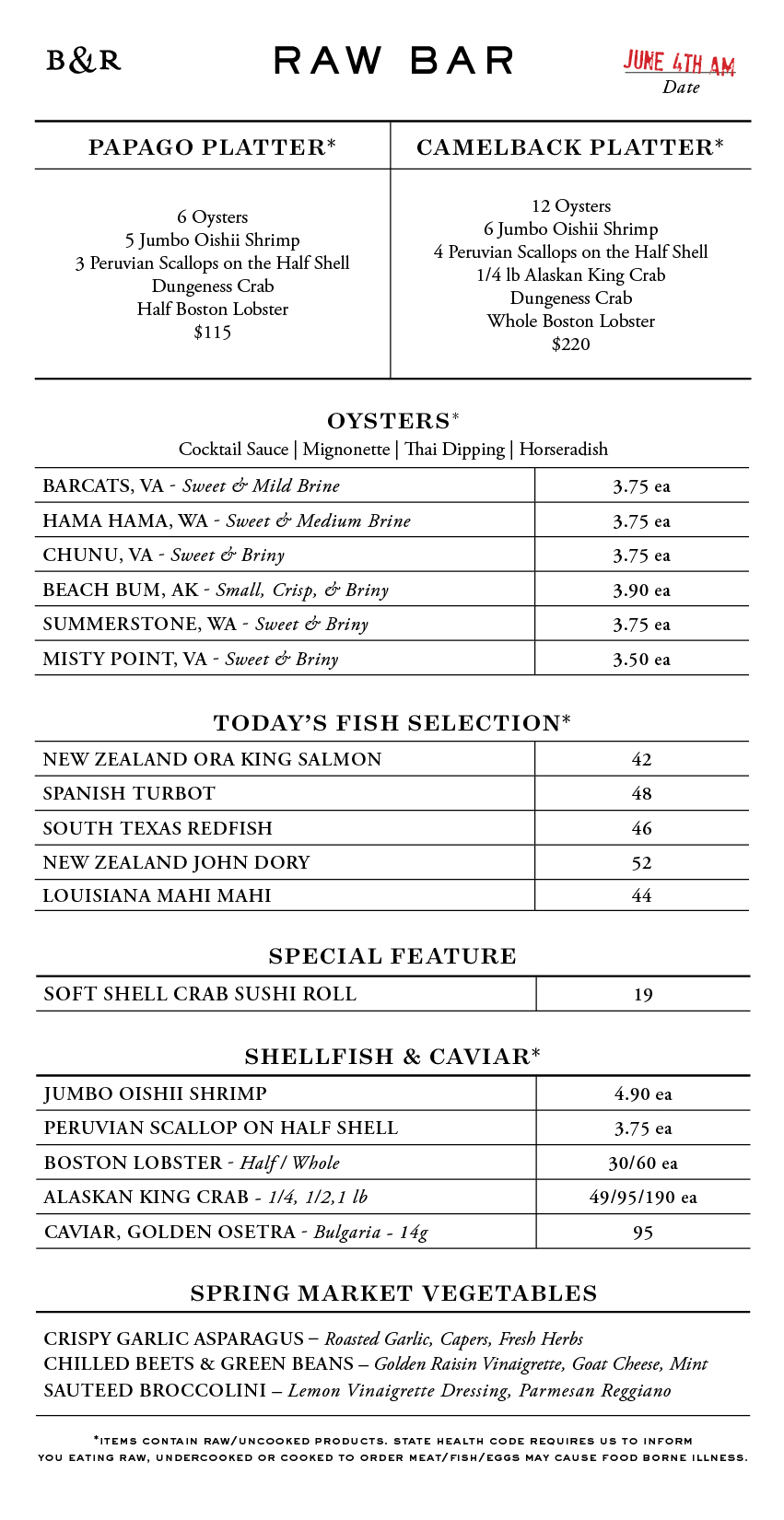 Raw Bar Menu