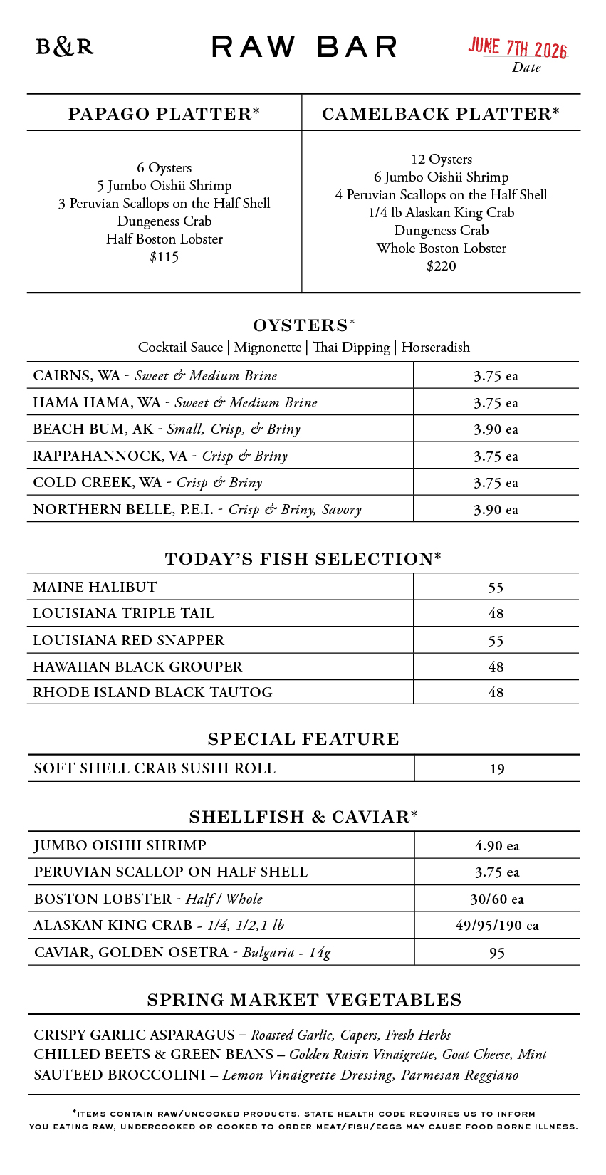 Raw Bar Menu