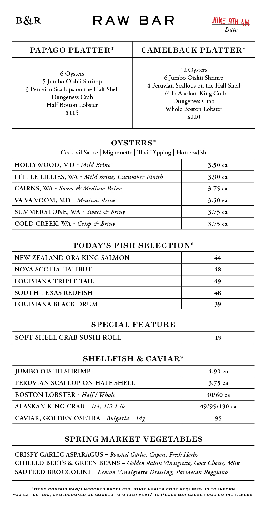 Raw Bar Menu