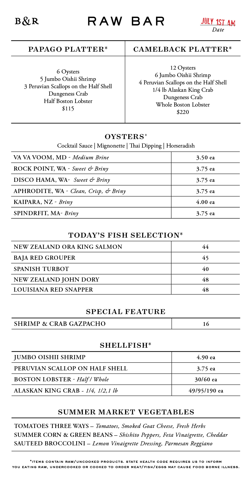 Raw Bar Menu