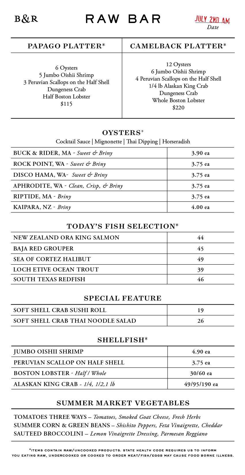 Raw Bar Menu