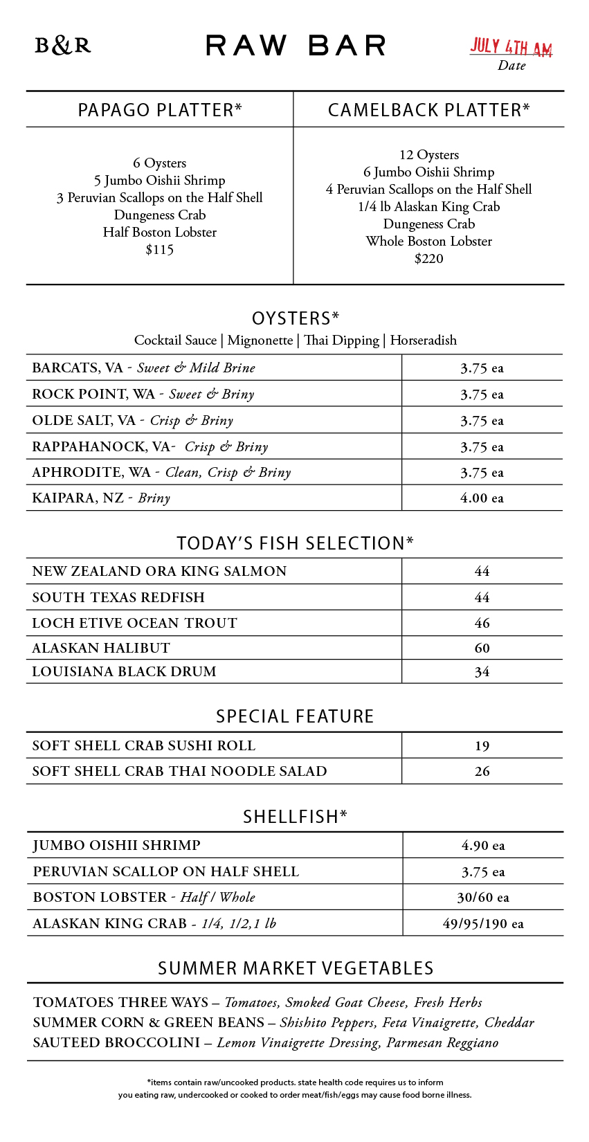 Raw Bar Menu