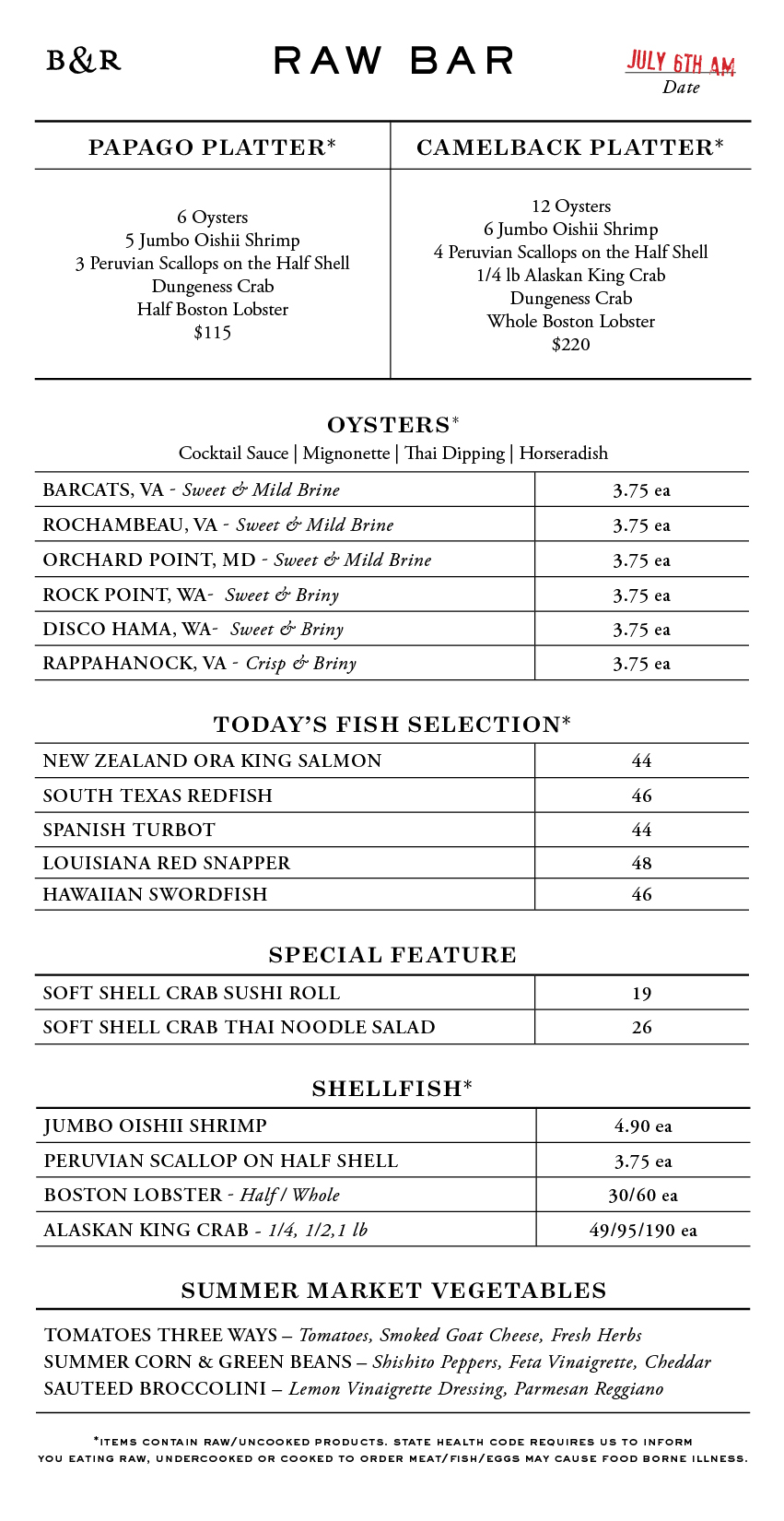 Raw Bar Menu