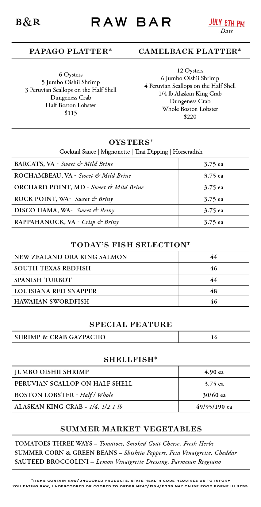 Raw Bar Menu