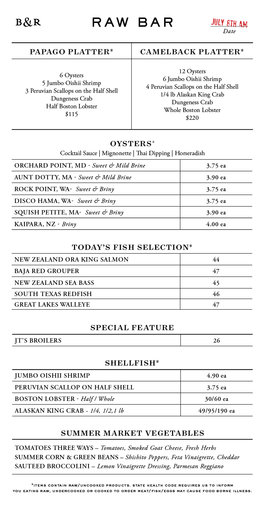 Raw Bar Menu