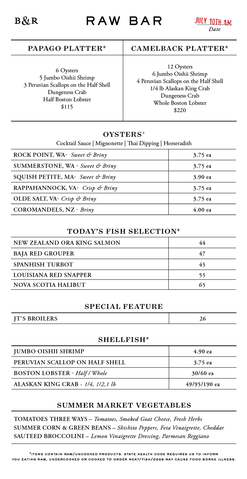 Raw Bar Menu
