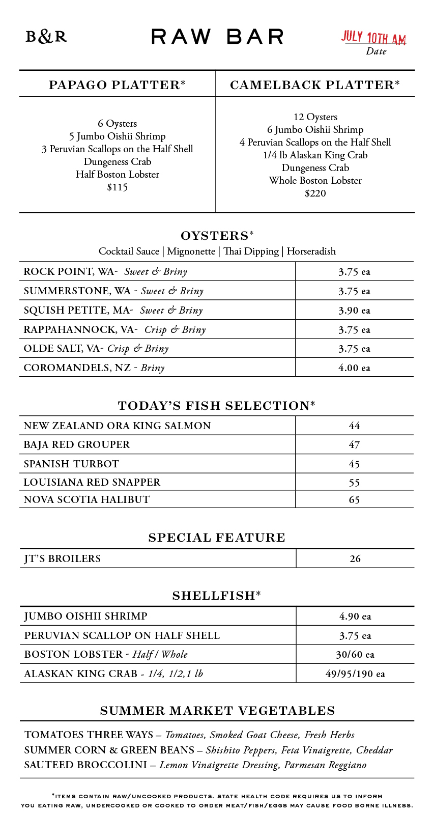 Raw Bar Menu
