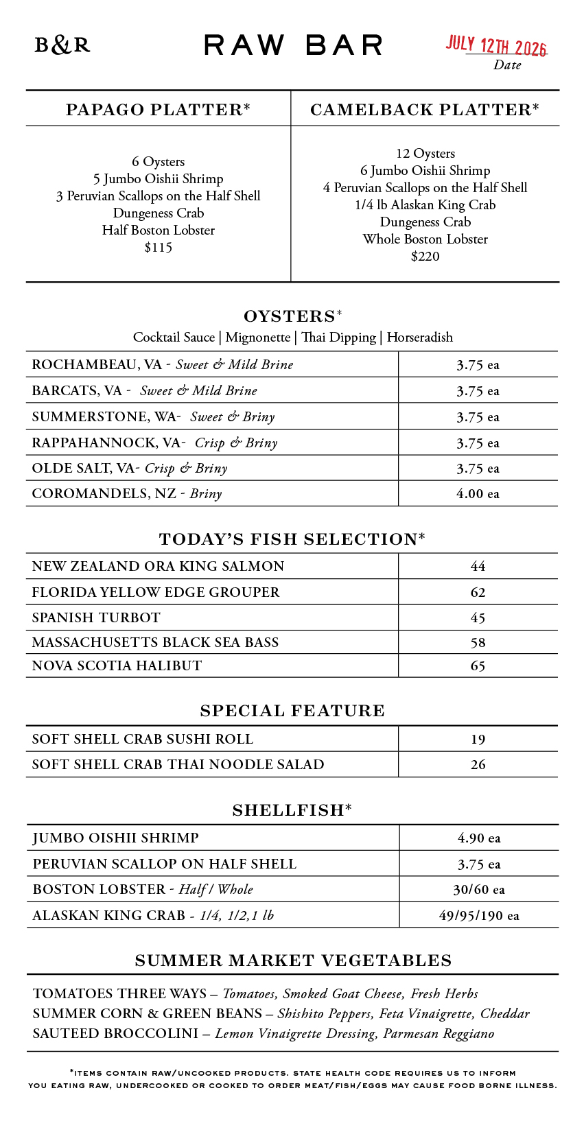 Raw Bar Menu