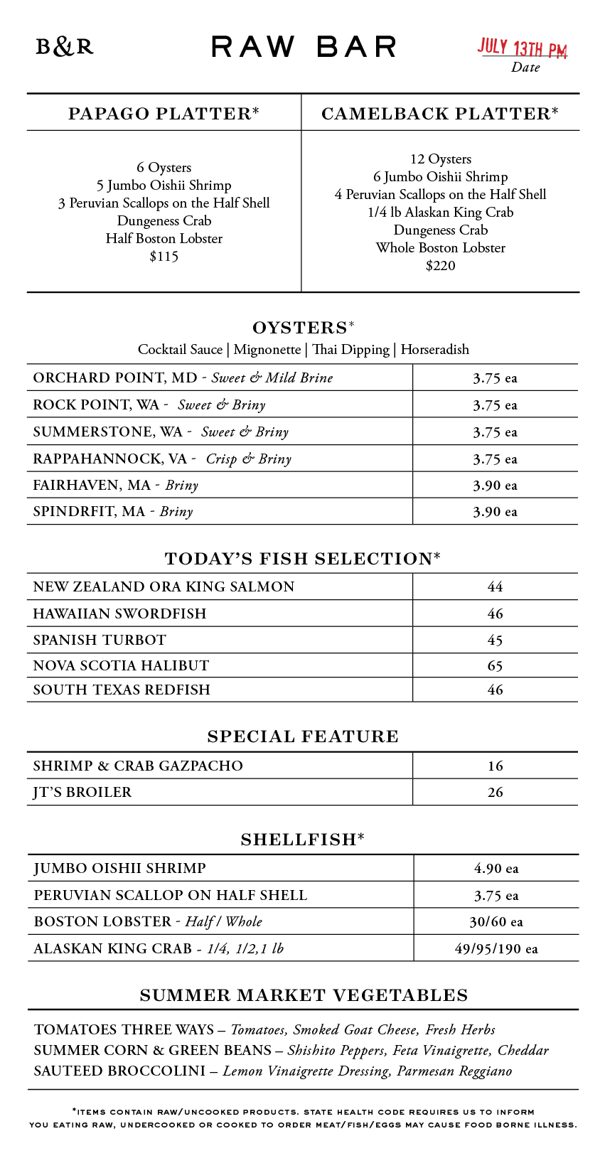 Raw Bar Menu
