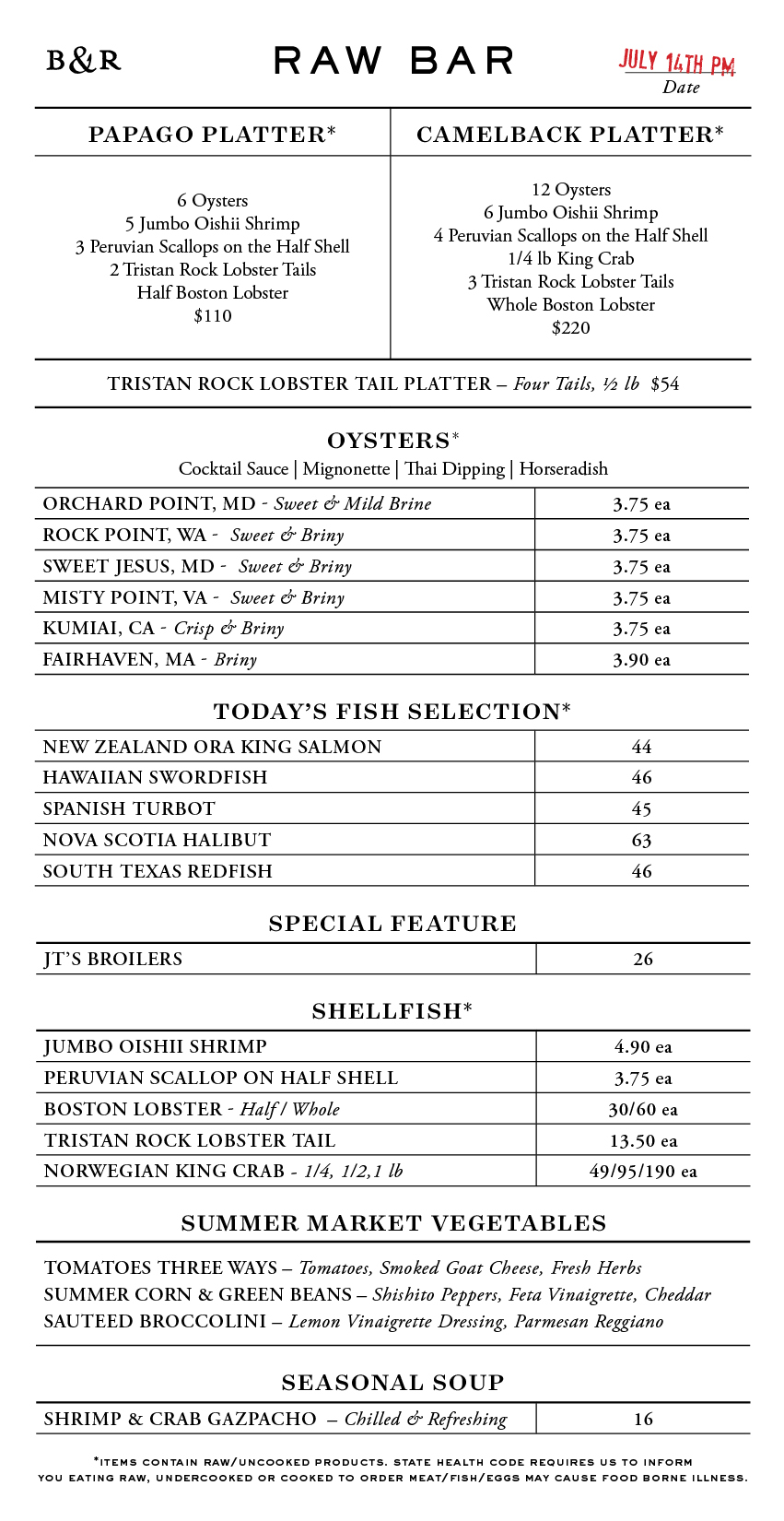 Raw Bar Menu