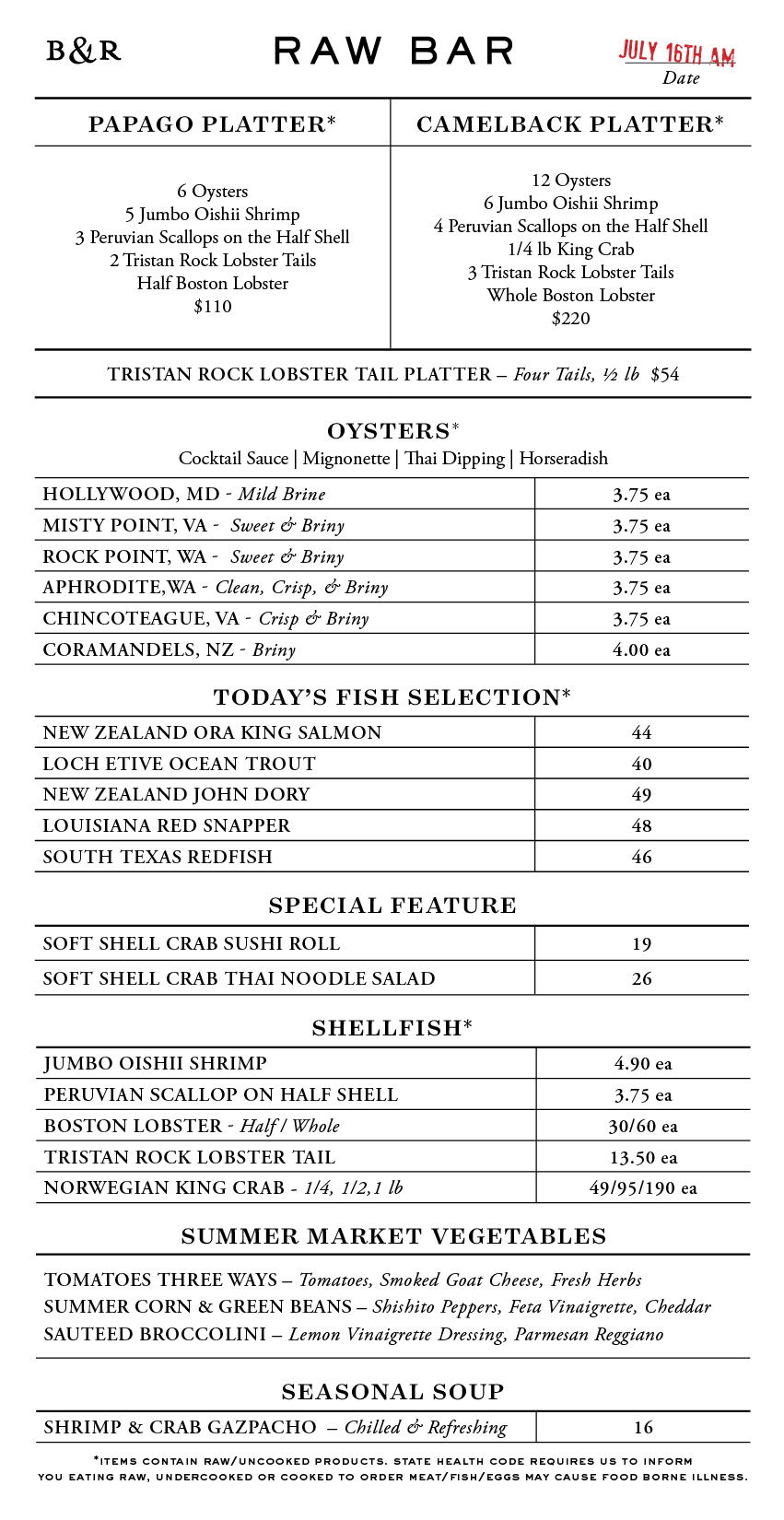 Raw Bar Menu