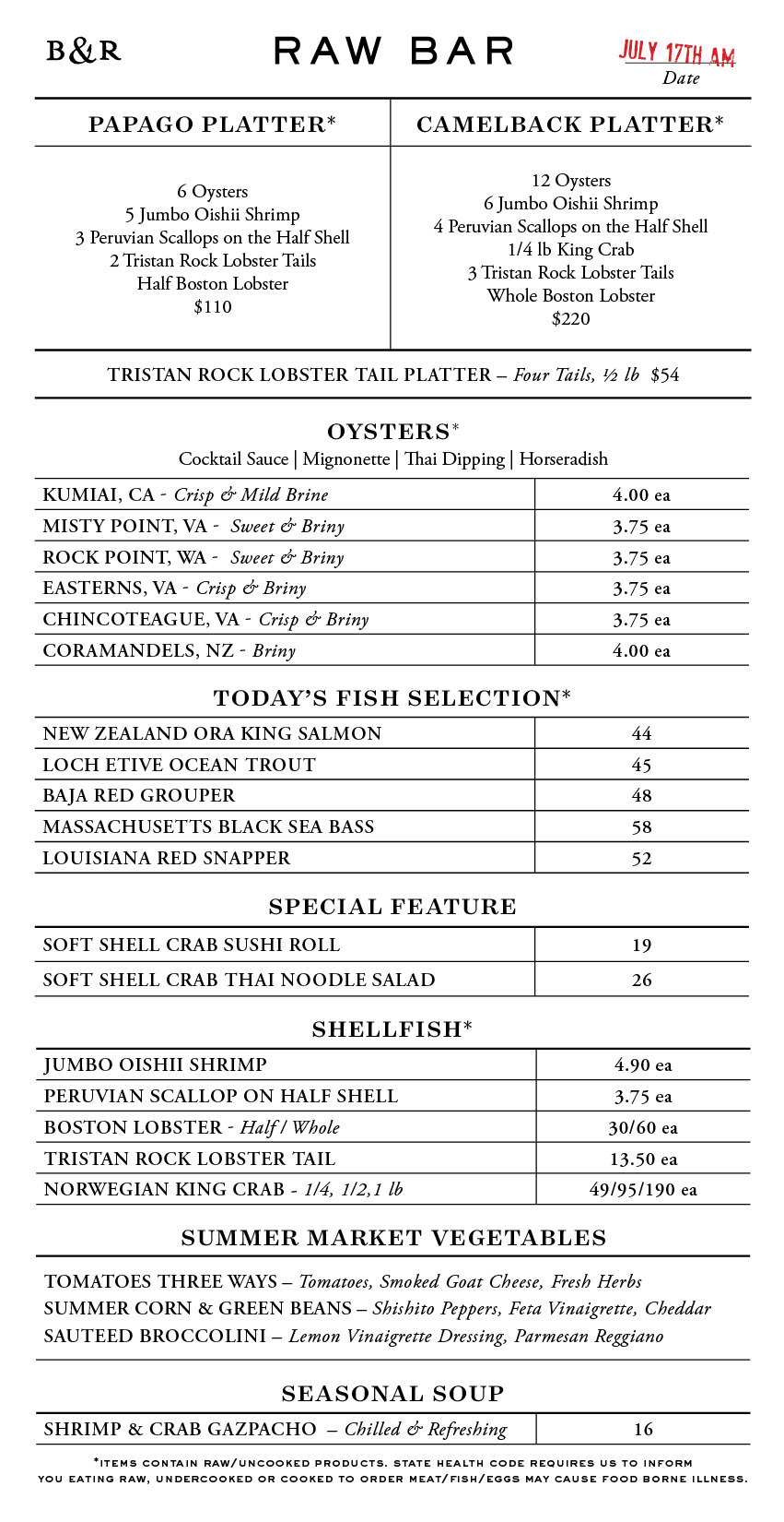 Raw Bar Menu